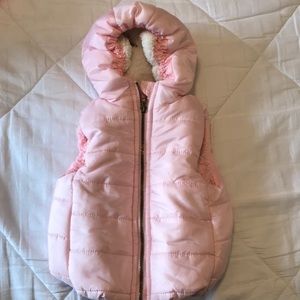 Pink infant puffer vest with hood. 0-3 m